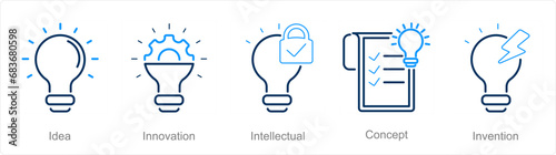 A set of 5 Intellectual Property icons as idea, innovation, intellectual