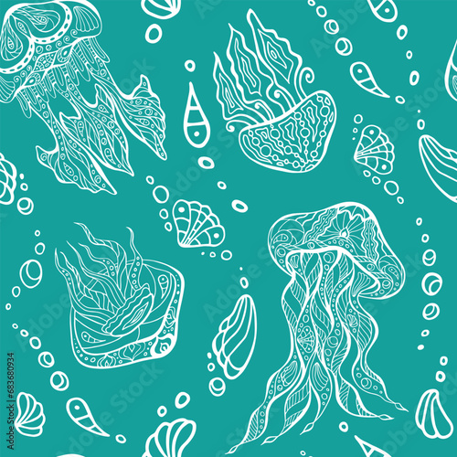 Jellyfish chaotic turquoise seamless pattern. Ocean zentangle endless texture for textile, copybook cover, interior. Zen art sea nettle random repeat surface design. Stylized sea blubber background.