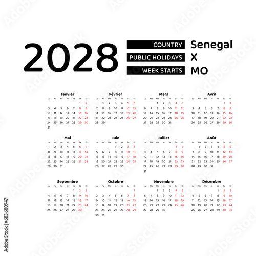 Calendar 2028 French language with Senegal public holidays. Week starts from Monday. Graphic design vector illustration.