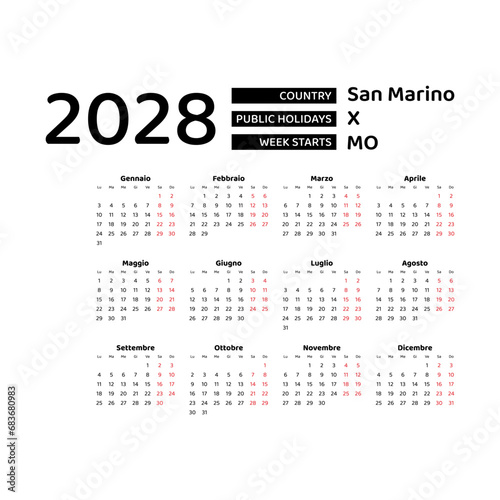 Calendar 2028 Italian language with San Marino public holidays. Week starts from Monday. Graphic design vector illustration.