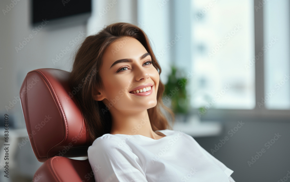 A funny girl with a big smile showing all his teeth is sitting in the dentist's chair A funny girl with a big smile showing all his teeth is sitting in the dentist's chair