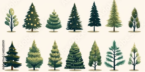 Collection of Christmas trees. Colorful vector illustration in flat cartoon style © sirisakboakaew