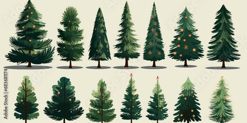 Collection of Christmas trees. Colorful vector illustration in flat cartoon style