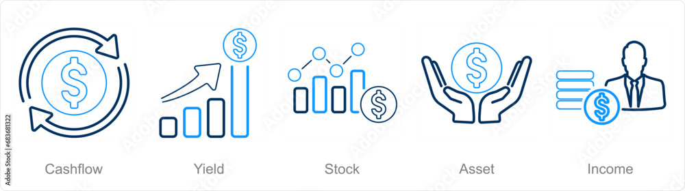 A set of 5 Investment icons as cashflow, yield, stock