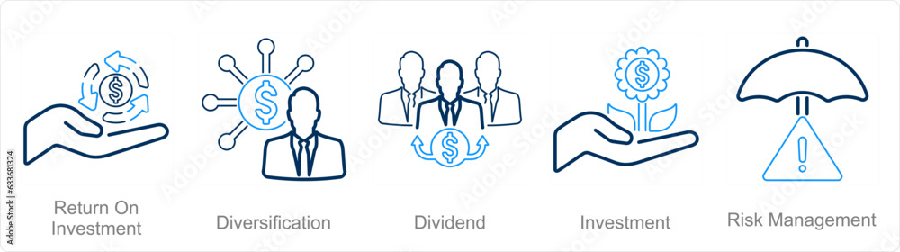 A set of 5 Investment icons as return on investment, diversification, dividend A set of 5 Investment icons as return on investment, diversification, dividend