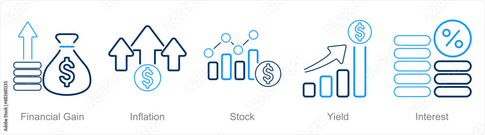 A set of 5 Investment icons as financial gain, inflation, stock A set of 5 Investment icons as financial gain, inflation, stock