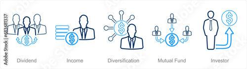 A set of 5 Investment icons as dividend, income, diversification