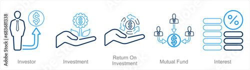 A set of 5 Investment icons as investor, investment, return on investment