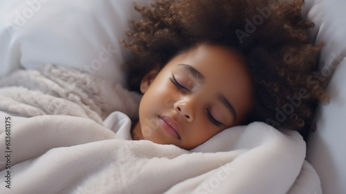 A cute little African child with curly black hair is sleeping on a bed. Close your eyes and have a small, prominent nose. world sleep day concept