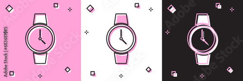 Set Wrist watch icon isolated on pink and white, black background. Wristwatch icon. Vector