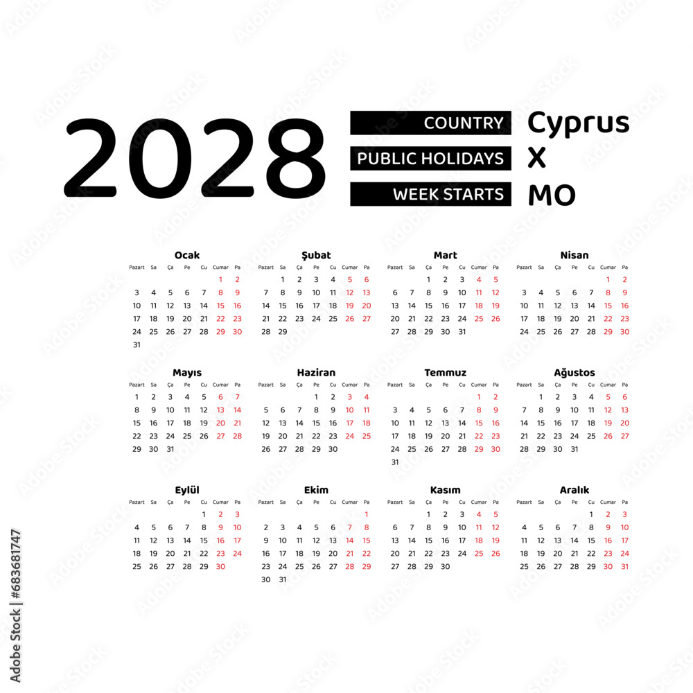 Calendar 2028 Turkish language with Cyprus public holidays. Week starts from Monday. Graphic design vector illustration.