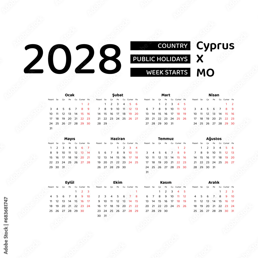 Calendar 2028 Turkish language with Cyprus public holidays. Week starts from Monday. Graphic design vector illustration. Calendar 2028 Turkish language with Cyprus public holidays. Week starts from Monday. Graphic design vector illustration.