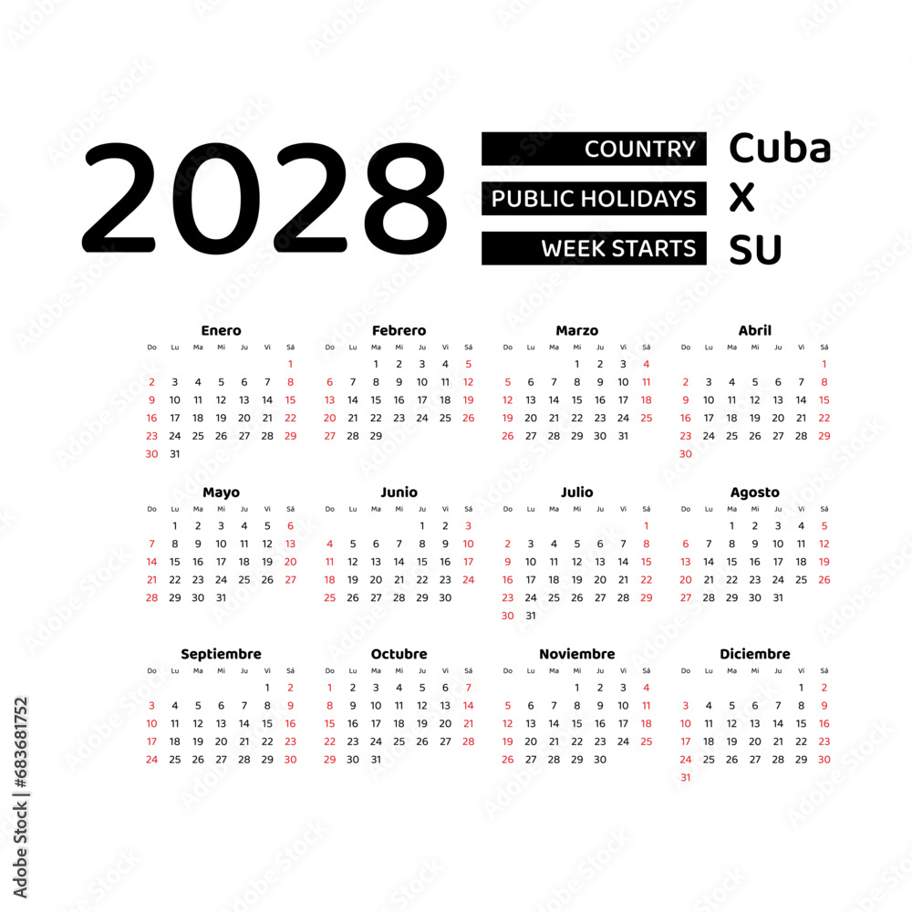 Calendar 2028 Spanish language with Cuba public holidays. Week starts from Sunday. Graphic design vector illustration. Calendar 2028 Spanish language with Cuba public holidays. Week starts from Sunday. Graphic design vector illustration.