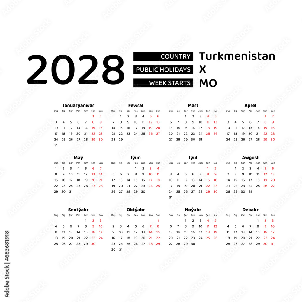 Calendar 2028 Turkmen language with Turkmenistan public holidays. Week starts from Monday. Graphic design vector illustration.