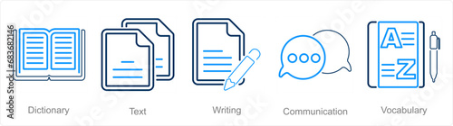 A set of 5 Language icons as dictionary, text, writing