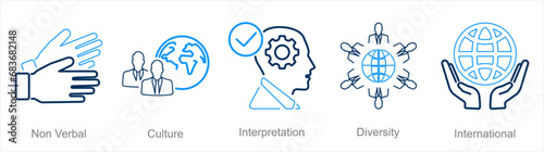 A set of 5 Language icons as non verbal, culture, interpretation