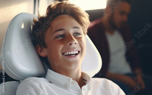 Smiling young boy in dentist chair with a smile on his face.