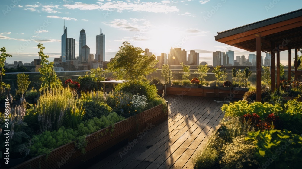 Sustainable Urban Oasis: Rooftop Garden with Sunset City Skyline View Sustainable Urban Oasis: Rooftop Garden with Sunset City Skyline View