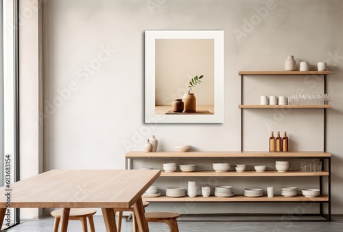Dining room interior with wooden table, poster and pot shelf. Created with Ai