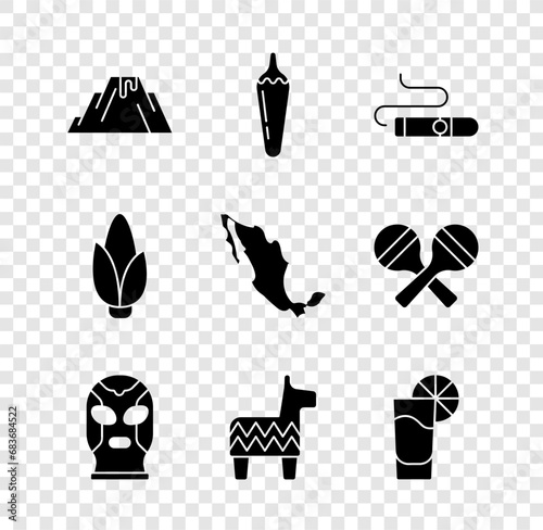 Set Volcano eruption with lava, Hot chili pepper pod, Cigar, Mexican wrestler, Pinata, Tequila glass lemon, Corn and Map of mexican icon. Vector