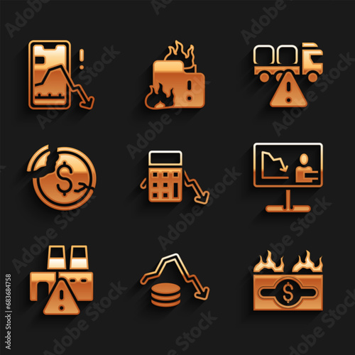 Set Calculation of expenses, Dollar rate decrease, Burning dollar bill, Global economic crisis news, Shutdown factory, Stop delivery cargo truck and Mobile stock trading icon. Vector