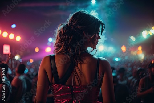 Hyper interactive exclusive singer embracing her audience, crazy lightning, gorgeous model
