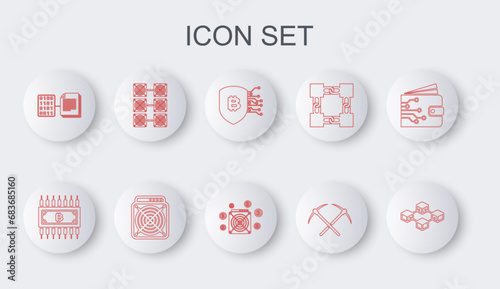 Set line Blockchain technology, Cryptocurrency bitcoin with circuit, Shield, Crossed pickaxe, Smart contract, Mining farm, ASIC Miner and icon. Vector