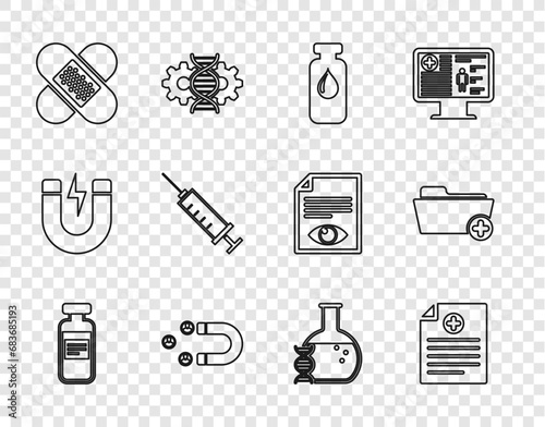 Set line Medical vial, ampoule, Clinical record, Customer attracting, Crossed bandage plaster, Syringe, DNA research, search and Health folder icon. Vector