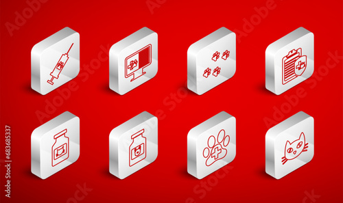 Set line Cat, Clinical record pet on monitor, Paw print, Veterinary clinic, Syringe with vaccine, Dog medicine bottle and icon. Vector