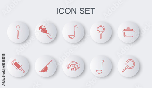 Set line Frying pan, Grater, Kitchen ladle, Spoon, whisk, colander and Cooking soup pot icon. Vector