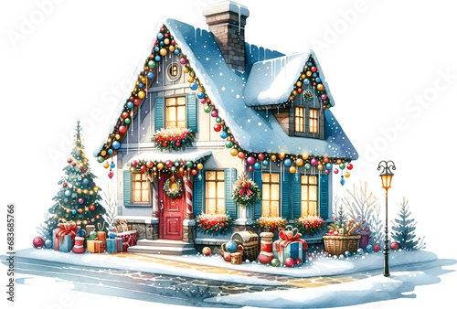 Picturesque watercolor clipart of a snowy house, perfect for Christmas scenes, festive designs, and winter-themed projects. Adds a serene, cozy touch. © auc