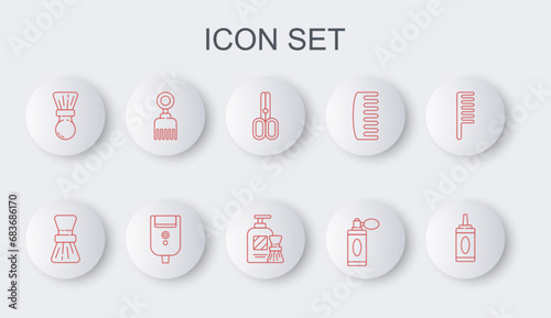 Set line Bottle of shampoo, Shaving brush, Scissors hairdresser, Aftershave bottle with atomizer, Hairbrush, Electric razor blade for men and gel foam and icon. Vector