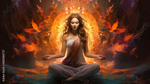 goddess woman meditating in a lotus pose surrounded light, on abstract background