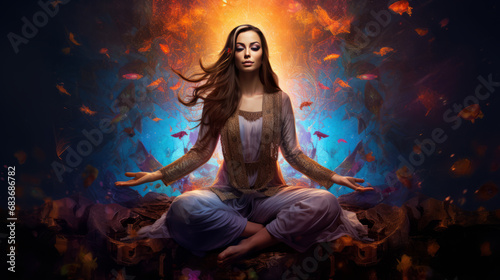 goddess woman meditating in a lotus pose surrounded light, on abstract background