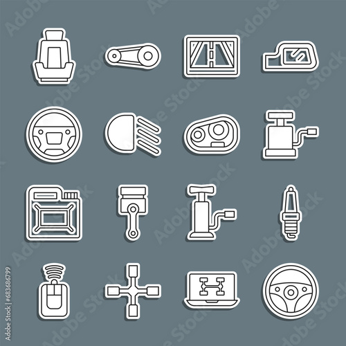 Set line Steering wheel, Car spark plug, air pump, Gps device with map, High beam, seat and headlight icon. Vector