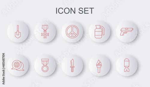 Set line Rocket launcher, Peace, Torch flame, Shovel, Military reward medal, and knife icon. Vector