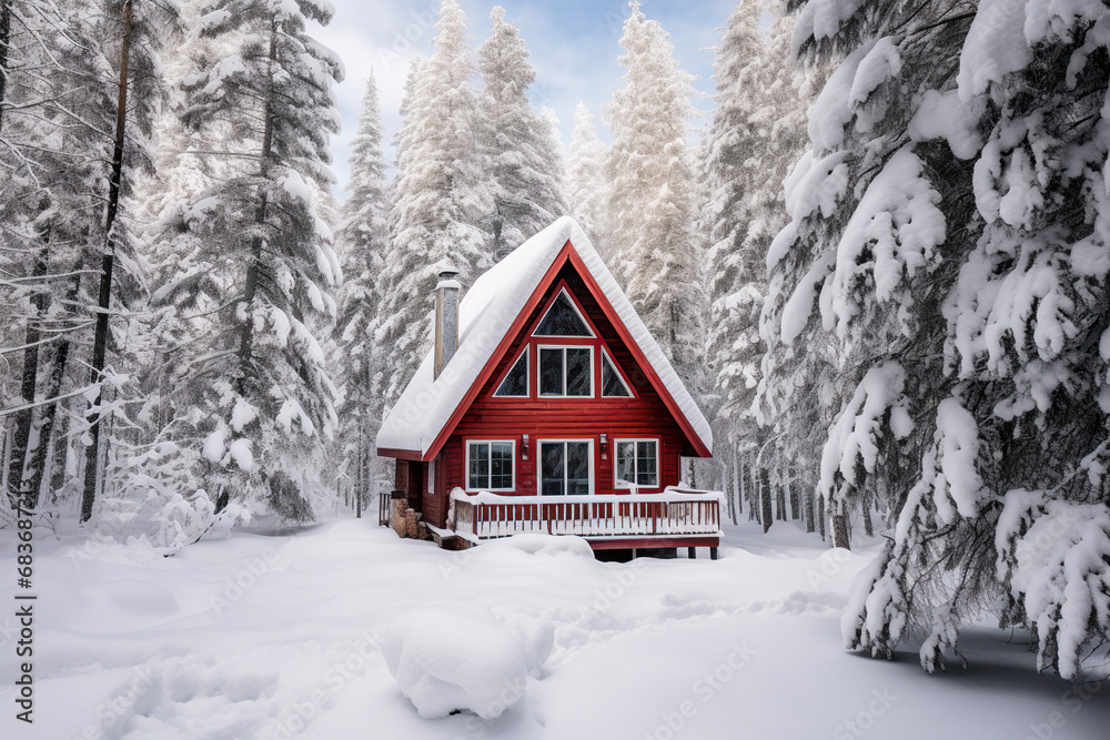 Cabin in the Woods Covered in Snow. Generative Ai Cabin in the Woods Covered in Snow. Generative Ai
