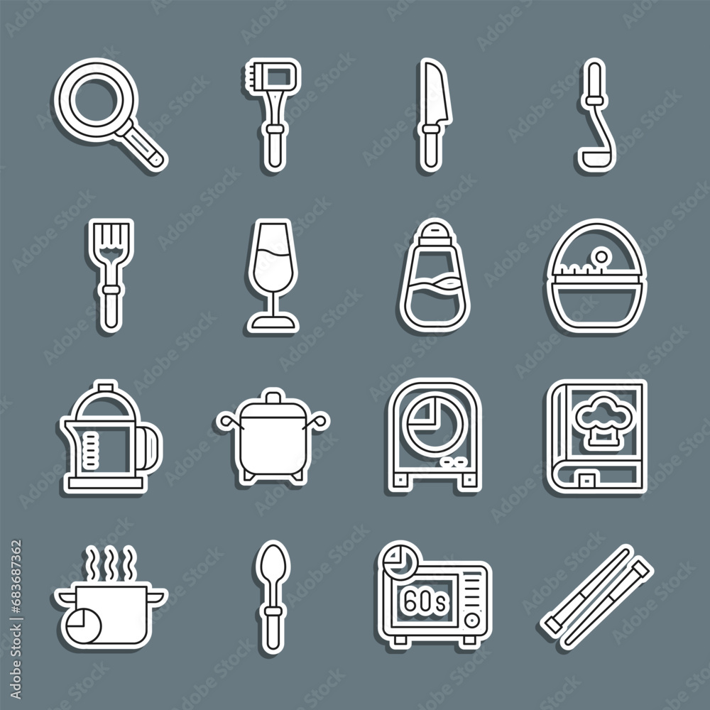 Set line Food chopsticks, Cookbook, Kitchen timer, Knife, Wine glass, Fork, Frying pan and Salt icon. Vector Set line Food chopsticks, Cookbook, Kitchen timer, Knife, Wine glass, Fork, Frying pan and Salt icon. Vector
