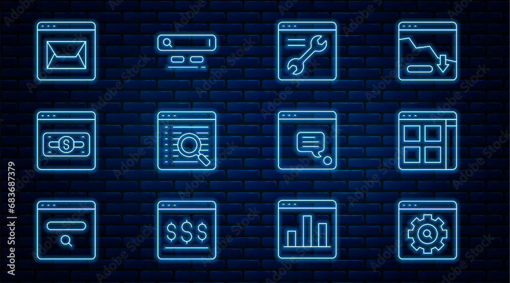 Set line Browser setting, files, Search engine, Online shopping on screen, Website and mail, New chat messages notification and icon. Vector Set line Browser setting, files, Search engine, Online shopping on screen, Website and mail, New chat messages notification and icon. Vector