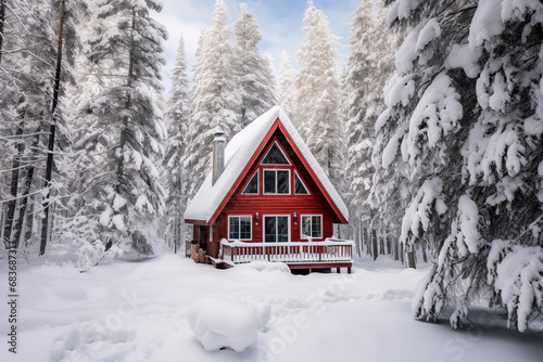Cabin in the Woods Covered in Snow. Generative Ai © Shades3d