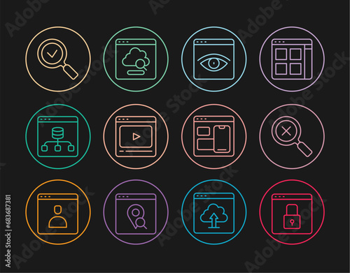 Set line Secure your site with HTTPS, Browser incognito window, Online play video, Server, Data, check mark, Web developer programming code and Cloud technology data transfer icon. Vector