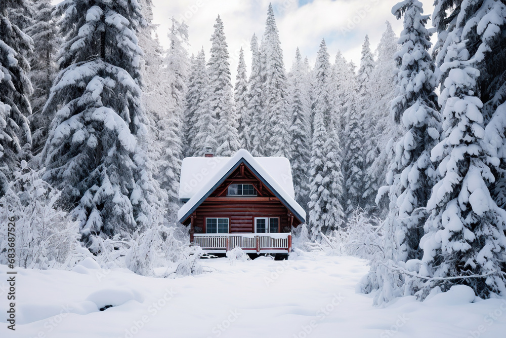 Cabin in the Woods Covered in Snow. Generative Ai