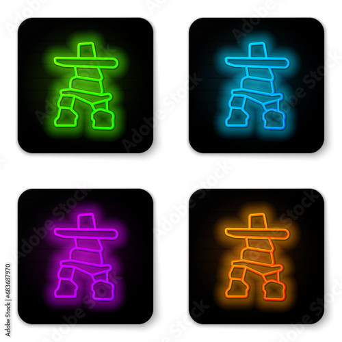 Glowing neon line Inukshuk icon isolated on white background. Black square button. Vector