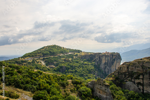 Beautiful view of Monastery of the Holy Trinity at Meteora seen from a distance