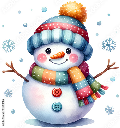 Vibrant and playful snowman clipart in watercolor style, perfect for Christmas decorations, holiday cards, and winter-themed projects. Brings a joyful, festive spirit.