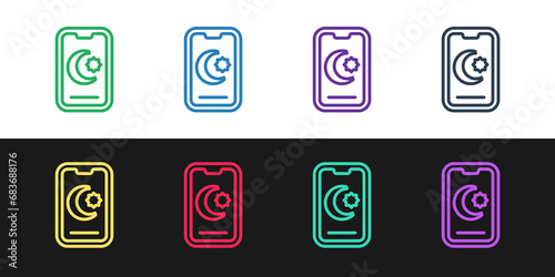 Set line Star and crescent - symbol of Islam icon isolated on black and white background. Religion symbol. Vector