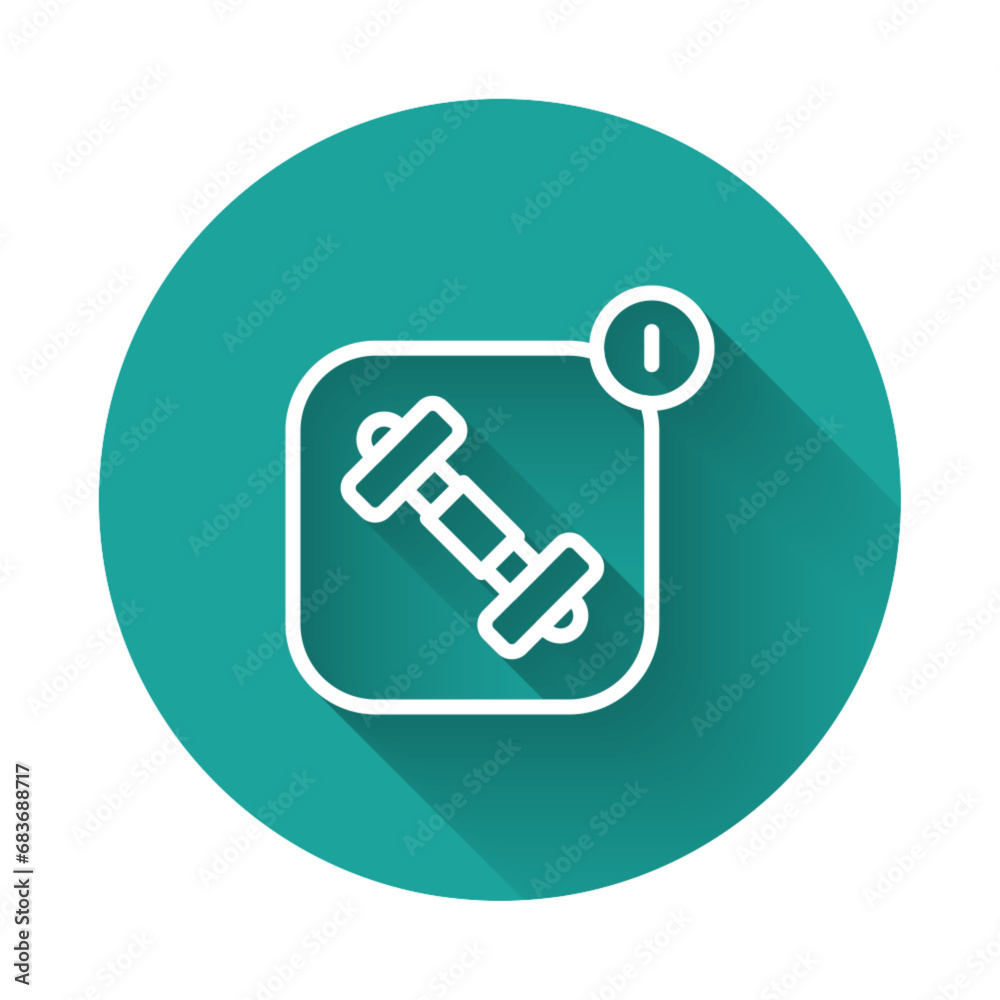 White line Fitness app for sports icon isolated with long shadow background. Healthcare mobile app concept. Online fitness or mobile trainer. Green circle button. Vector White line Fitness app for sports icon isolated with long shadow background. Healthcare mobile app concept. Online fitness or mobile trainer. Green circle button. Vector