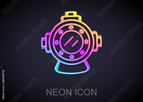 Glowing neon line Aqualung icon isolated on black background. Diving helmet. Diving underwater equipment. Vector