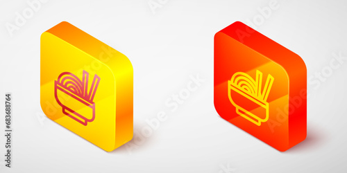 Isometric line Asian noodles in bowl and chopsticks icon isolated on grey background. Street fast food. Korean, Japanese, Chinese food. Yellow and orange square button. Vector