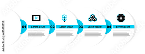 Set line Earth globe, Isometric cube, Lightning bolt and Movie clapper icon. Vector